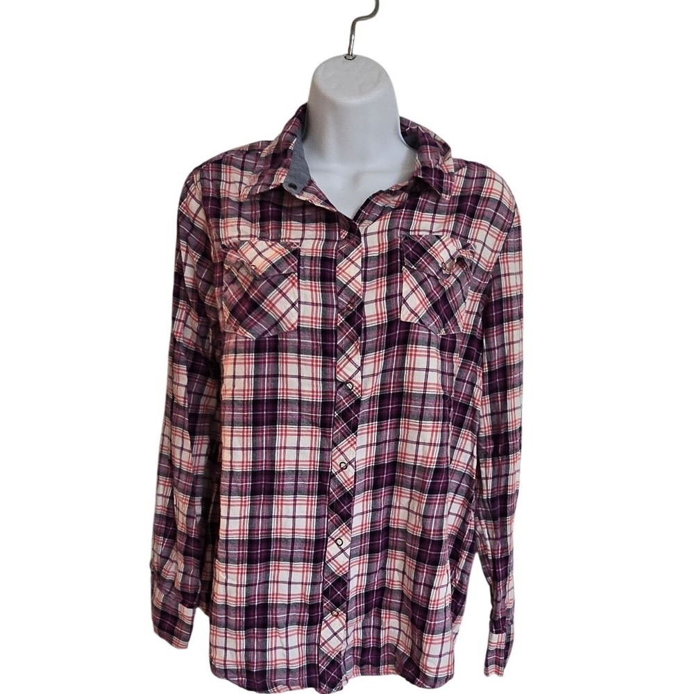 Arizona Jeans Co. Plaid Button Down Shirt Long Sleeve Purple Red Size L /0210